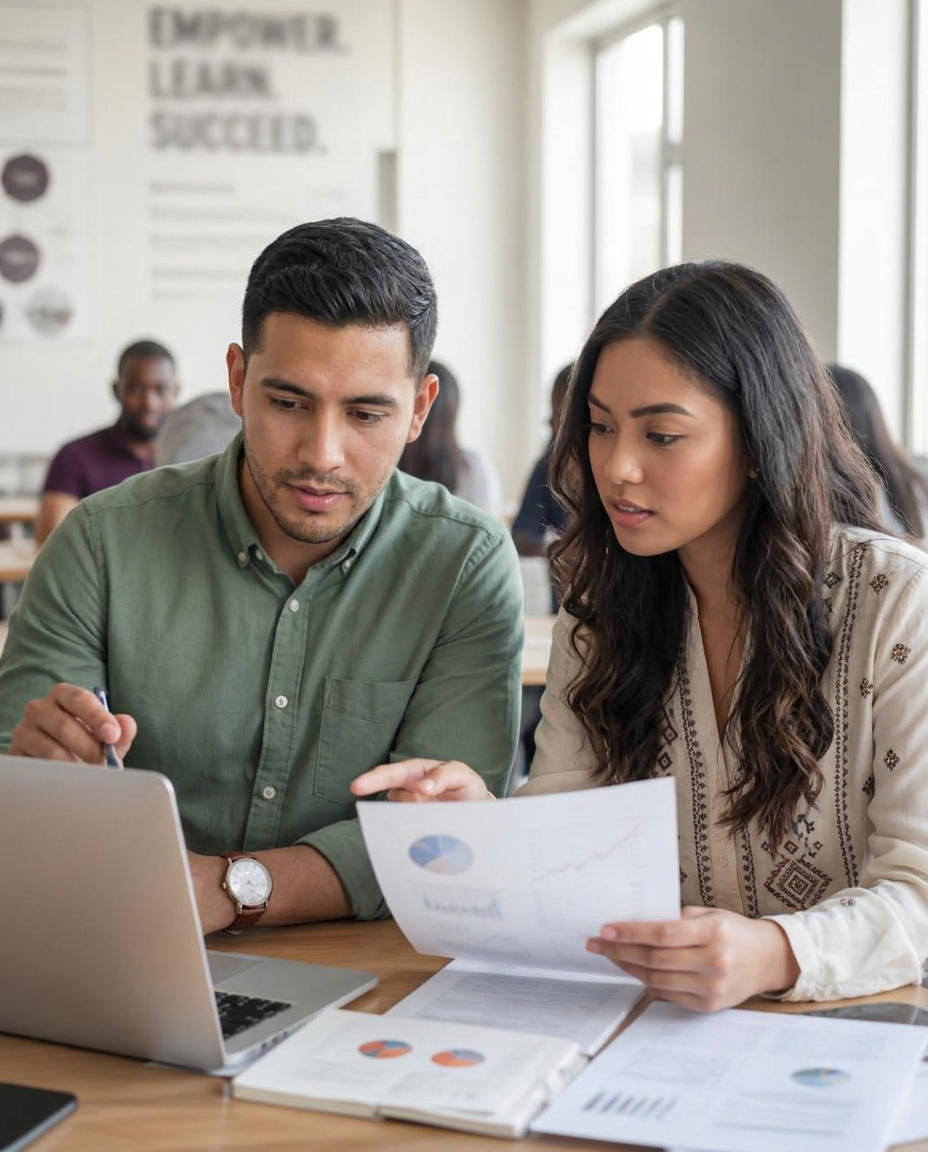 Two young adult learners from different backgrounds reviewing a report together