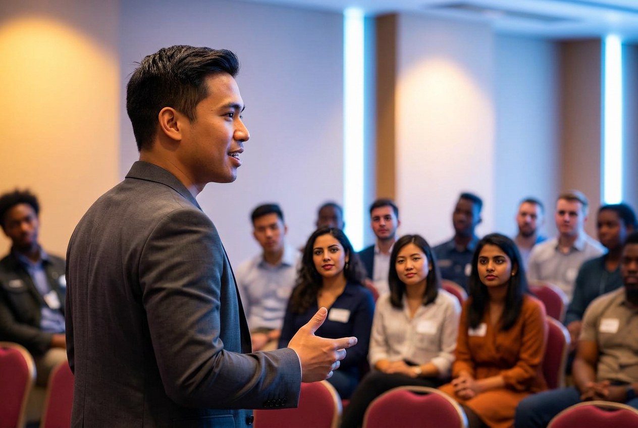 A speaker leading a BWF Trade School workshop for adult participants