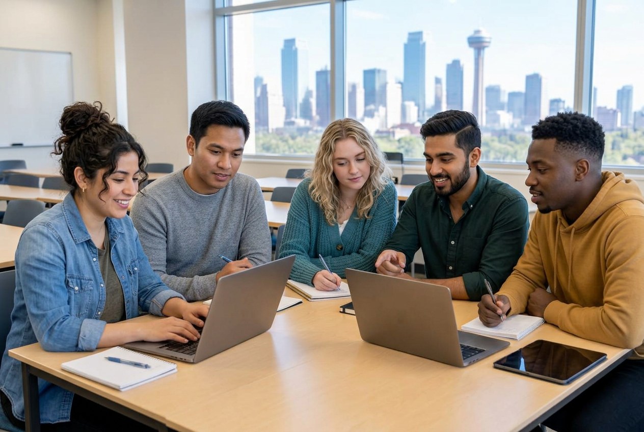 A diverse group of young adult learners collaborating in class