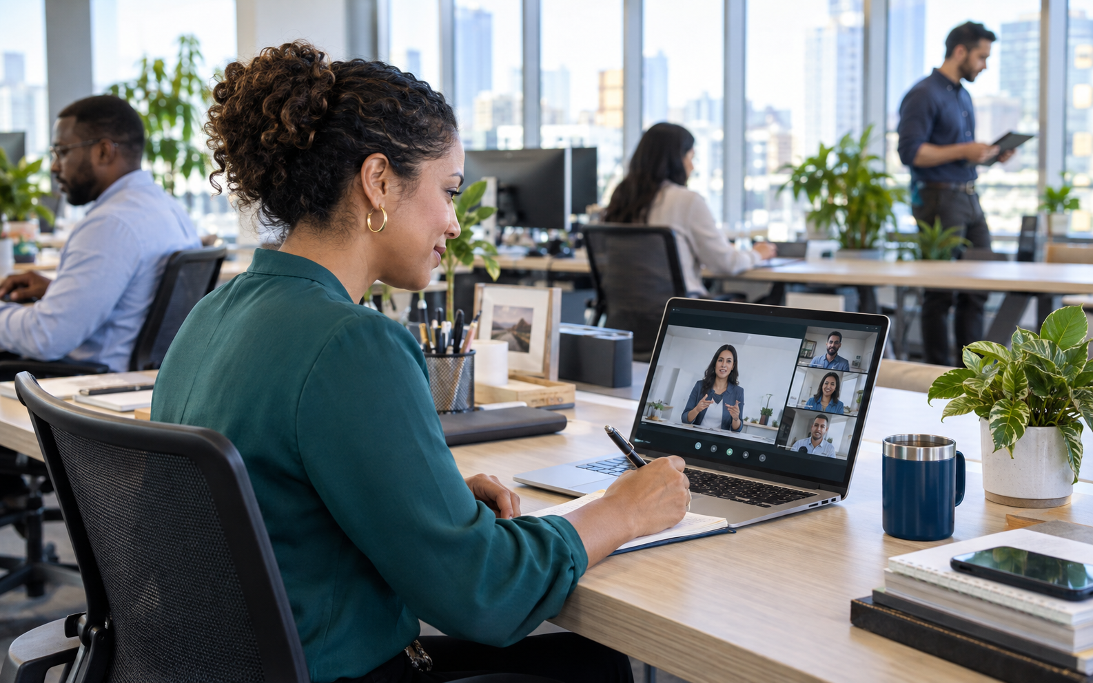 Employee participating in live online class from a workplace desk
